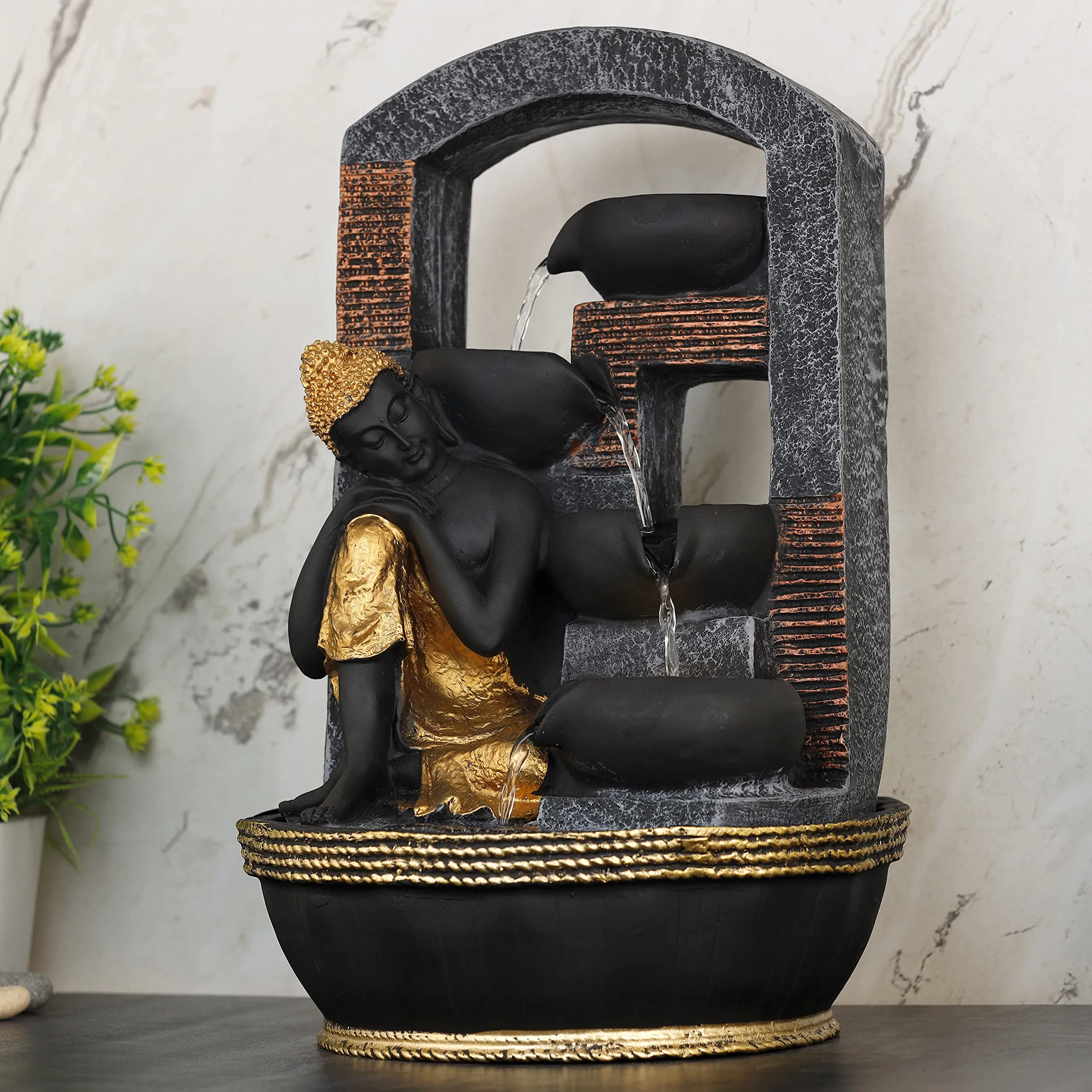 Global Grabbers Polyresin Table Top Indoor Outdoor Water Fall Fountain with LED Lights Home Decor Decoration Gift Gifting Items-GOL_GRY-BG27-(000)