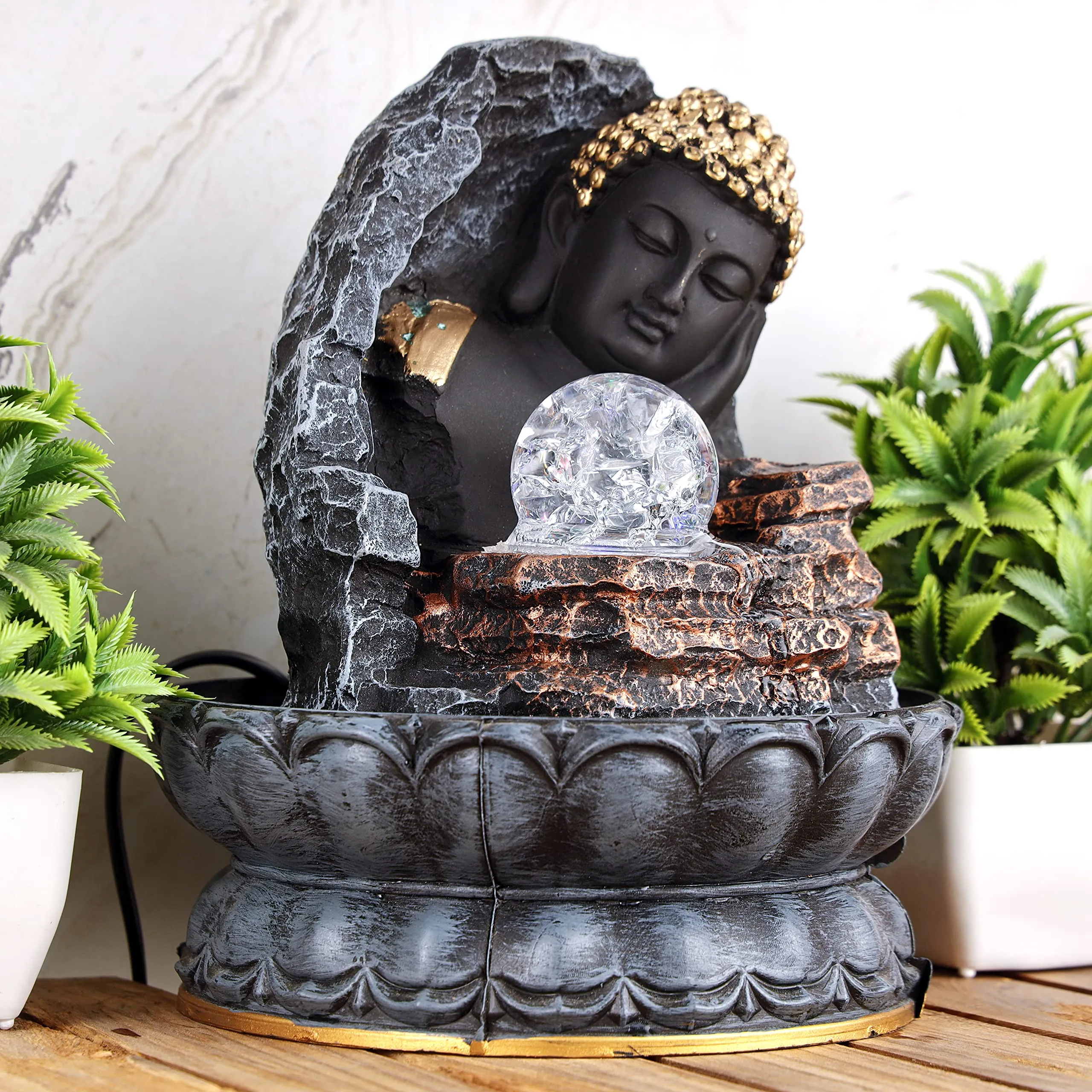 Global Grabbers Polyresin Table Top Indoor Outdoor Water Fall Fountain with LED Lights Home Decor Decoration Gift Gifting Items-GOL_GRY-SF37-(000)
