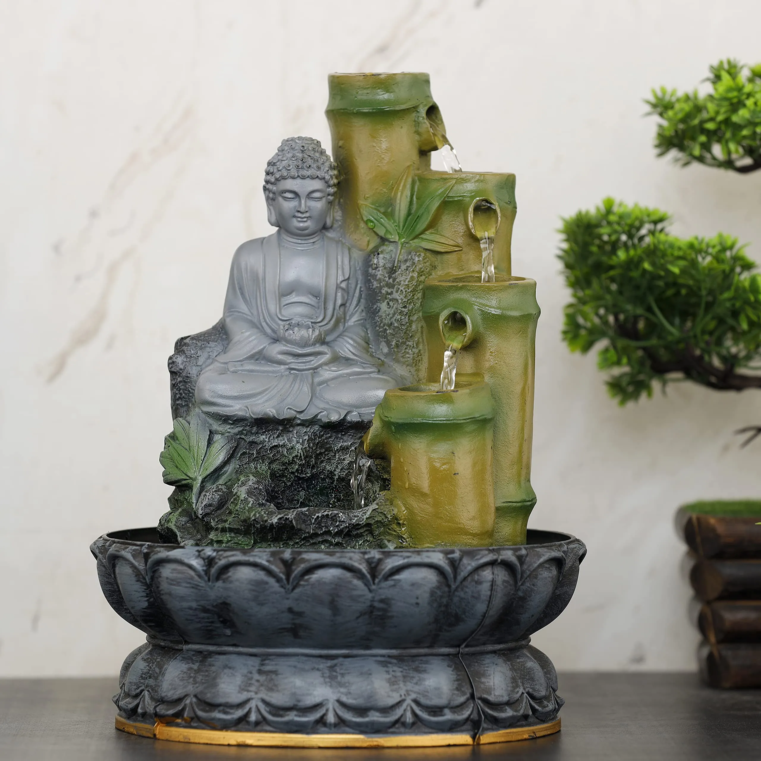 Global Grabbers Polyresin Table Top Indoor Outdoor Water Fall Fountain with LED Lights Home Decor Decoration Gift Gifting Items-Gry_GRE-SF85-(000)