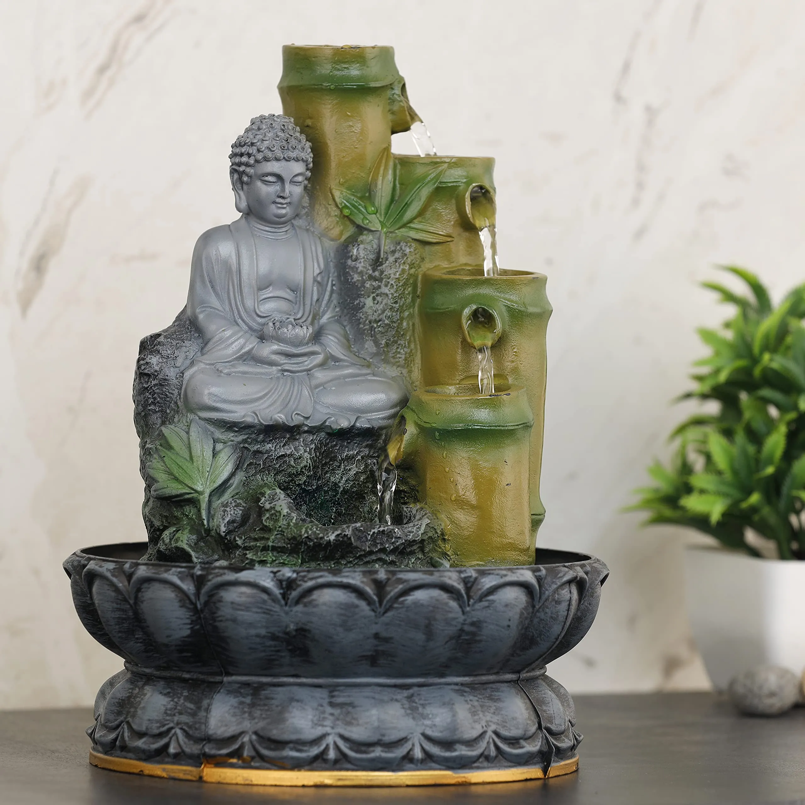 Global Grabbers Polyresin Table Top Indoor Outdoor Water Fall Fountain with LED Lights Home Decor Decoration Gift Gifting Items-Gry_GRE-SF85-(000)