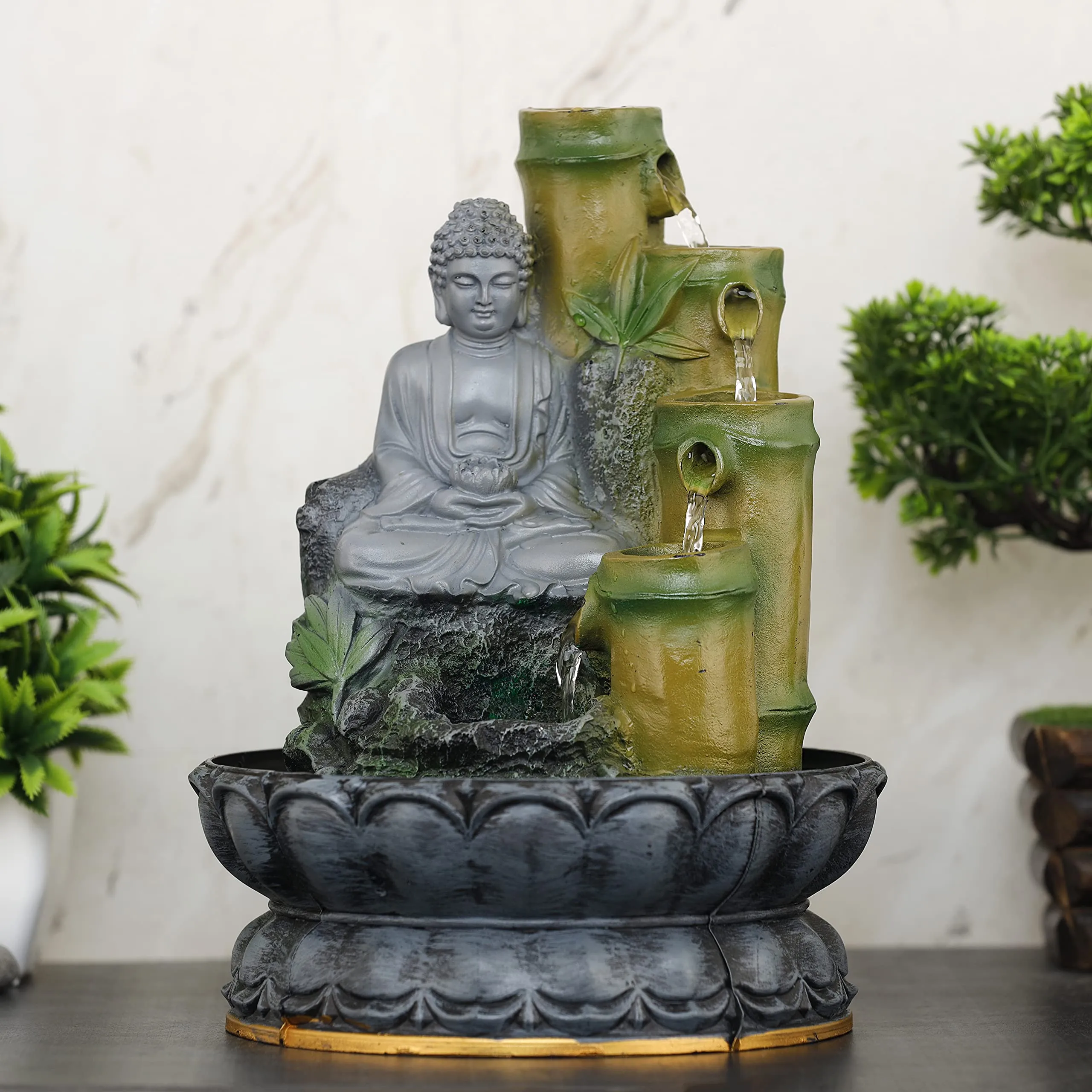 Global Grabbers Polyresin Table Top Indoor Outdoor Water Fall Fountain with LED Lights Home Decor Decoration Gift Gifting Items-Gry_GRE-SF85-(000)