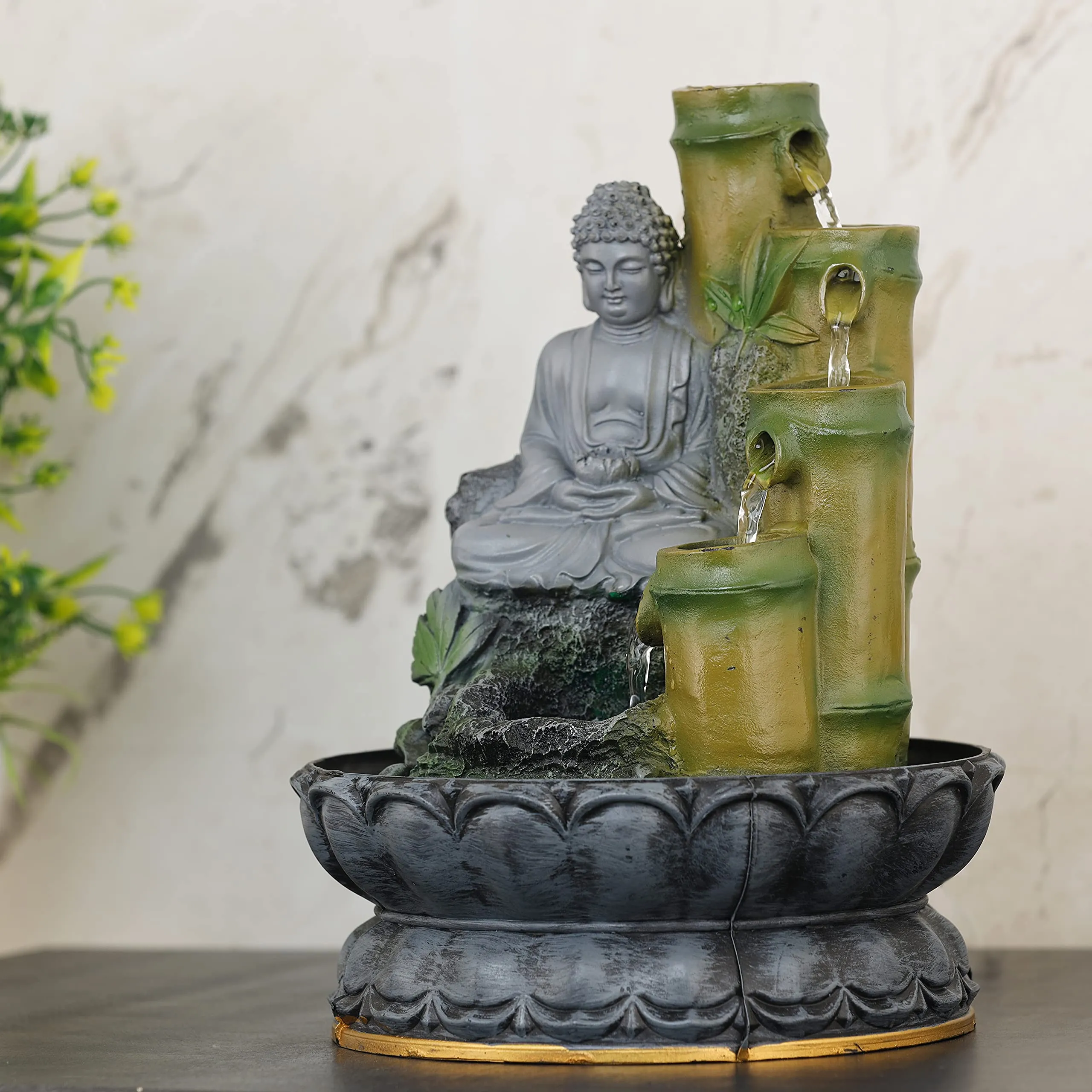 Global Grabbers Polyresin Table Top Indoor Outdoor Water Fall Fountain with LED Lights Home Decor Decoration Gift Gifting Items-Gry_GRE-SF85-(000)