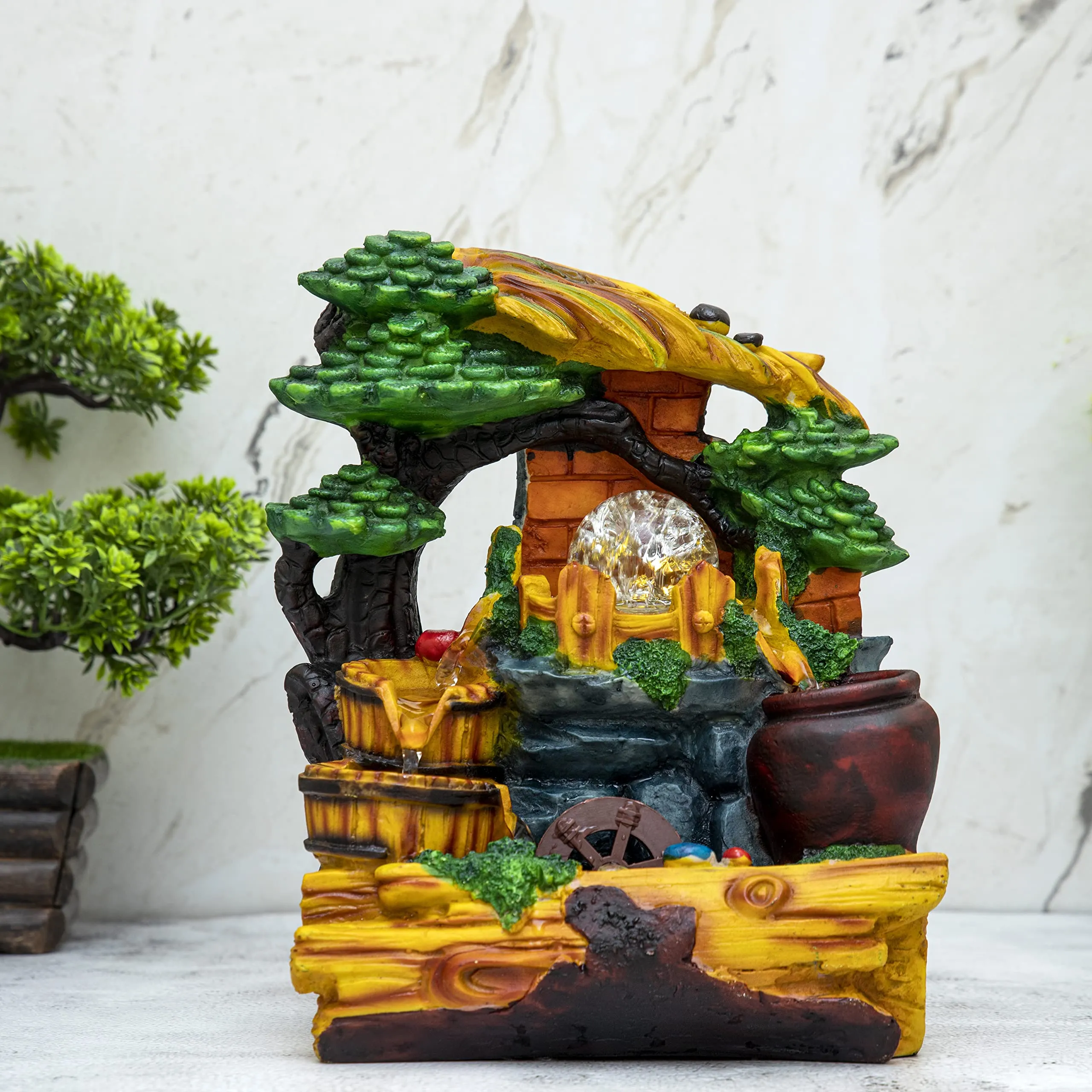 Global Grabbers Polyresin Table Top Indoor Outdoor Water Fall Fountain with LED Lights Home Decor Decoration Gift Gifting Items-NAT_MULTI-FN5-(000)