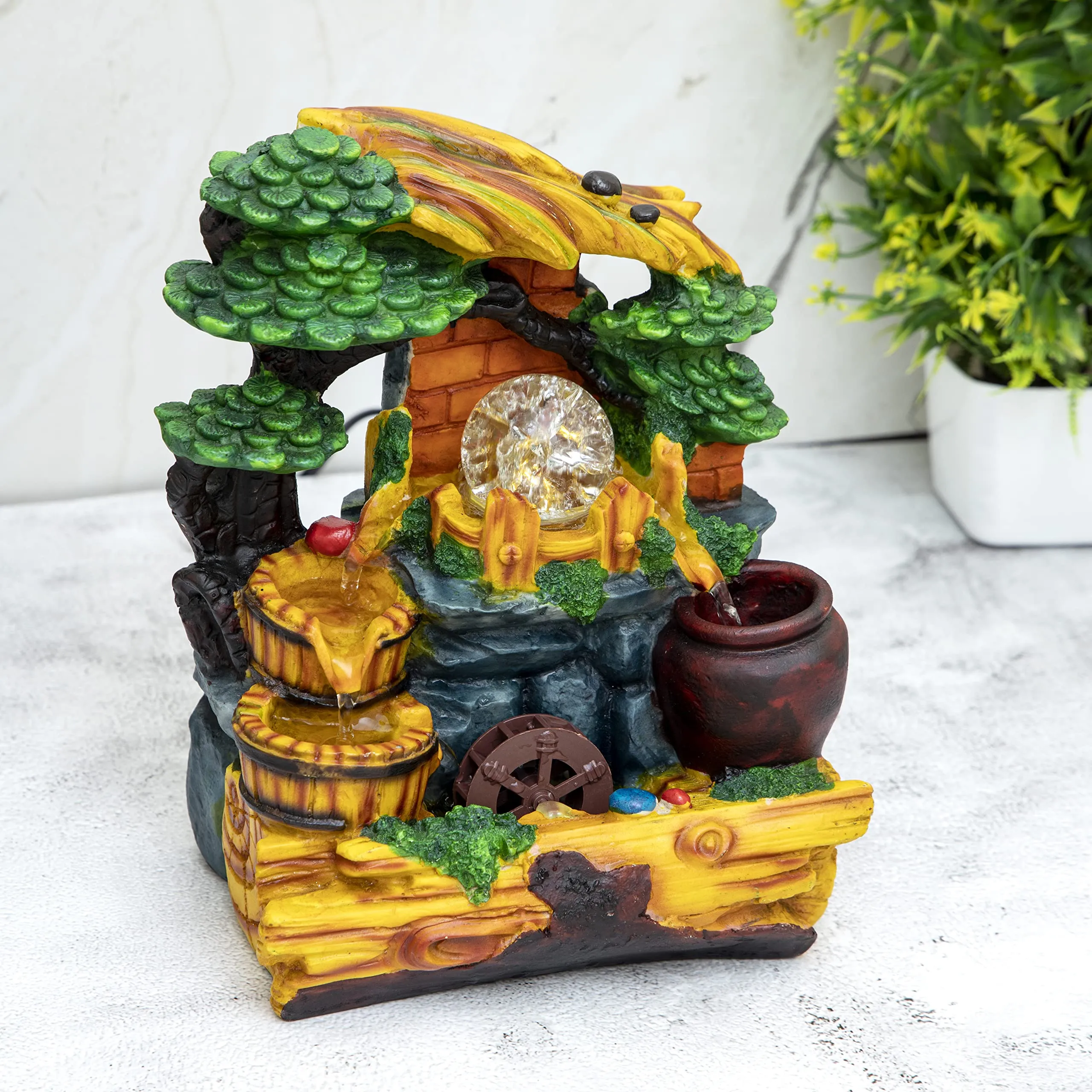 Global Grabbers Polyresin Table Top Indoor Outdoor Water Fall Fountain with LED Lights Home Decor Decoration Gift Gifting Items-NAT_MULTI-FN5-(000)