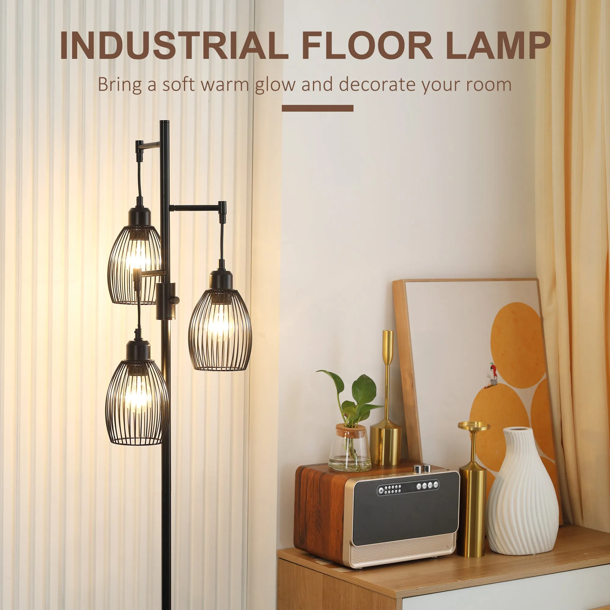 Industrial 3-Light Floor Lamp, Dimmable Standing Lamp with Metal lampshades for Living Room, Bedroom, Dinging Room, Study, Black