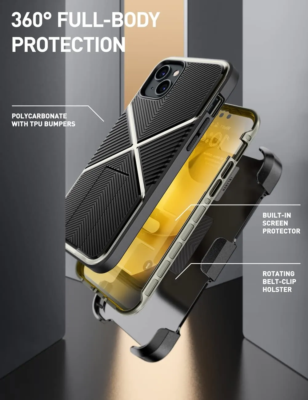 iPhone 14 Plus Case 6.7'', Full-Body Kickstand & Belt-Clip Heavy Duty Rugged Case Black