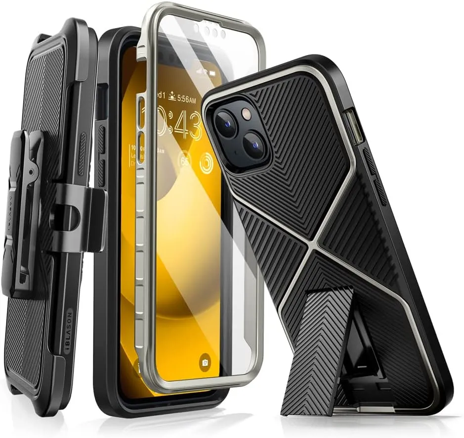 iPhone 14 Plus Case 6.7'', Full-Body Kickstand & Belt-Clip Heavy Duty Rugged Case Black