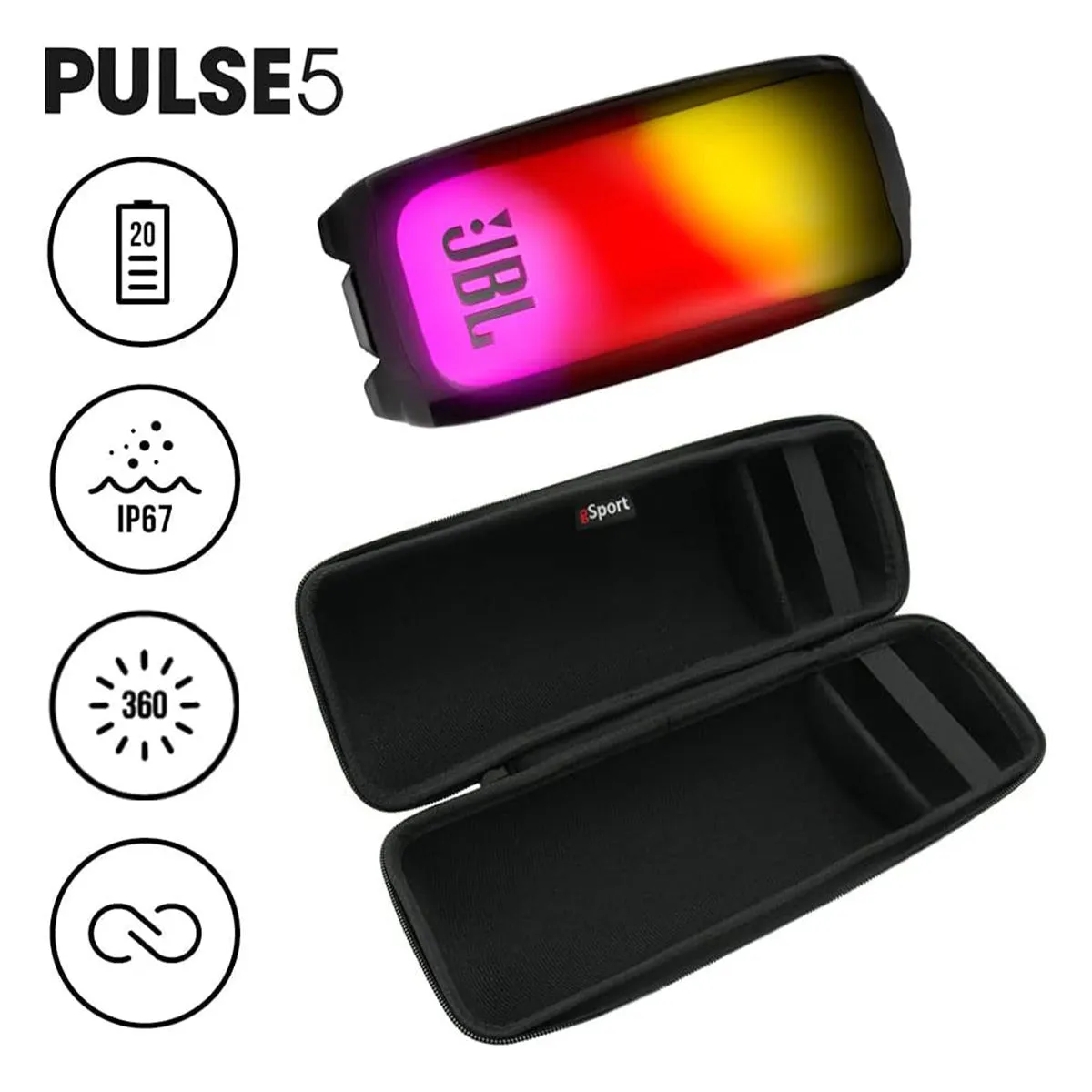 JBL Pulse 5 Waterproof Portable Bluetooth Speaker with gSport Carbon Fiber Case