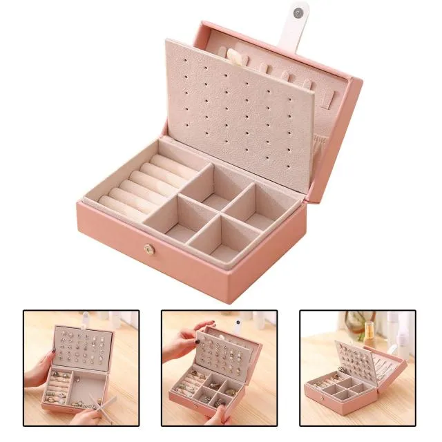 Jewelry Box Waterproof PU Leather Multi-Layer Lockable with Hanging Hooks Organiser Display Holder for Bracelets Jewellery Care