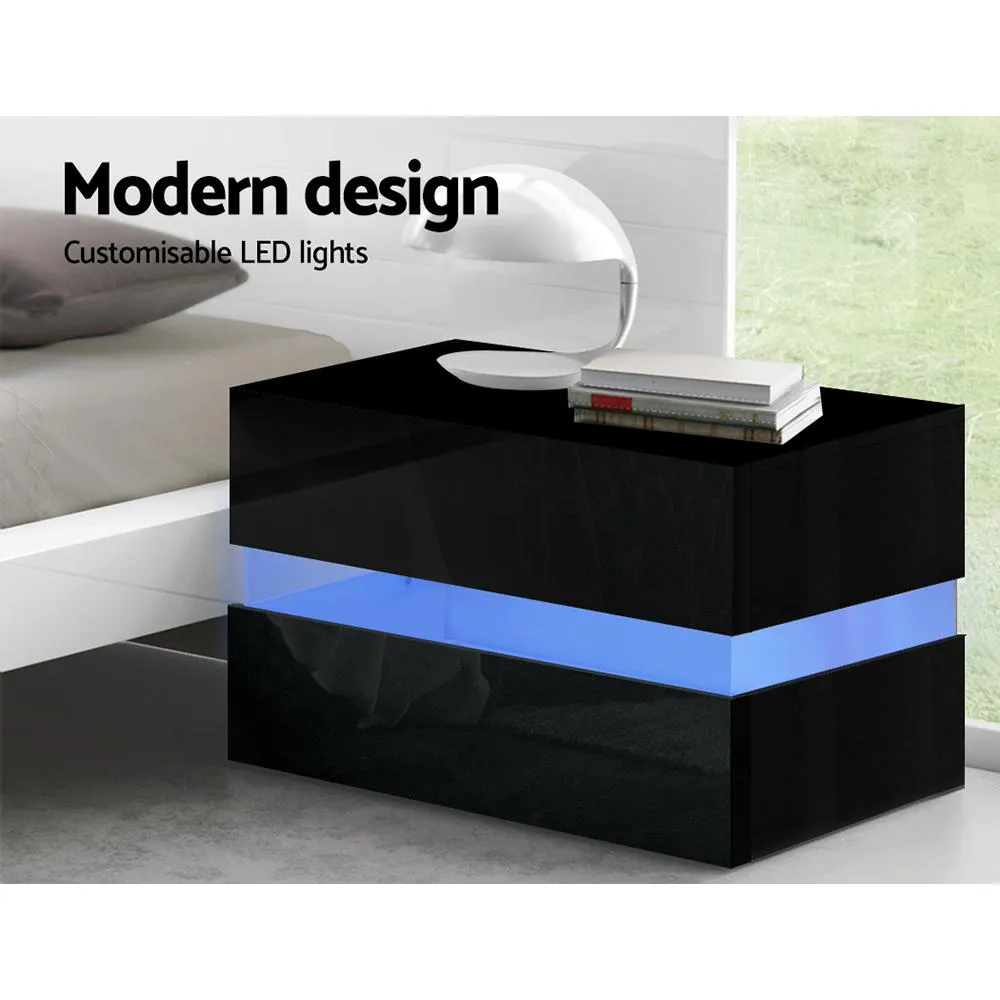 LED Light Bedside Table With 2 Drawers Black