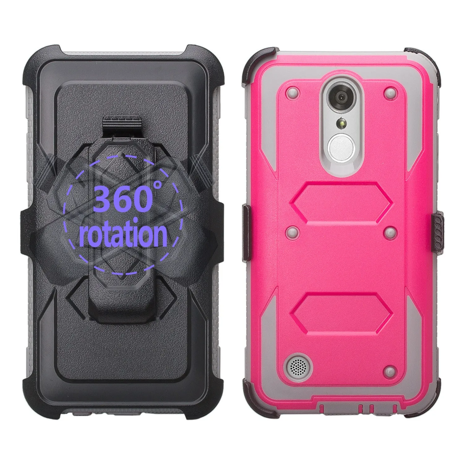 LG Aristo 2 Plus Case, Aristo 2, LG Tribute Dynasty, Rebel 3, Zone 4, Triple Protection 3-1 w/ Built in Screen Protector Heavy Duty Holster Shell Combo Case - Hot Pink