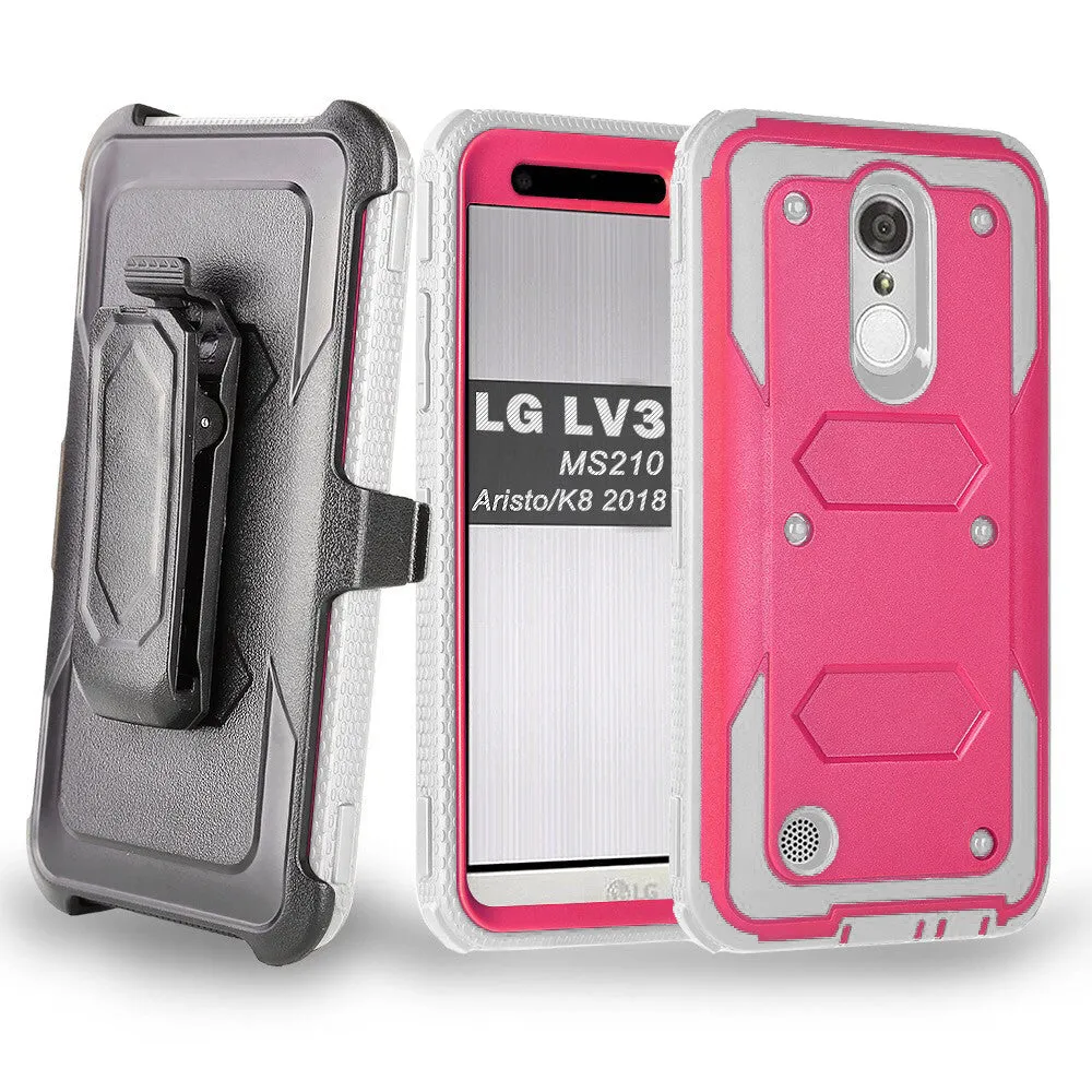LG Aristo 2 Plus Case, Aristo 2, LG Tribute Dynasty, Rebel 3, Zone 4, Triple Protection 3-1 w/ Built in Screen Protector Heavy Duty Holster Shell Combo Case - Hot Pink