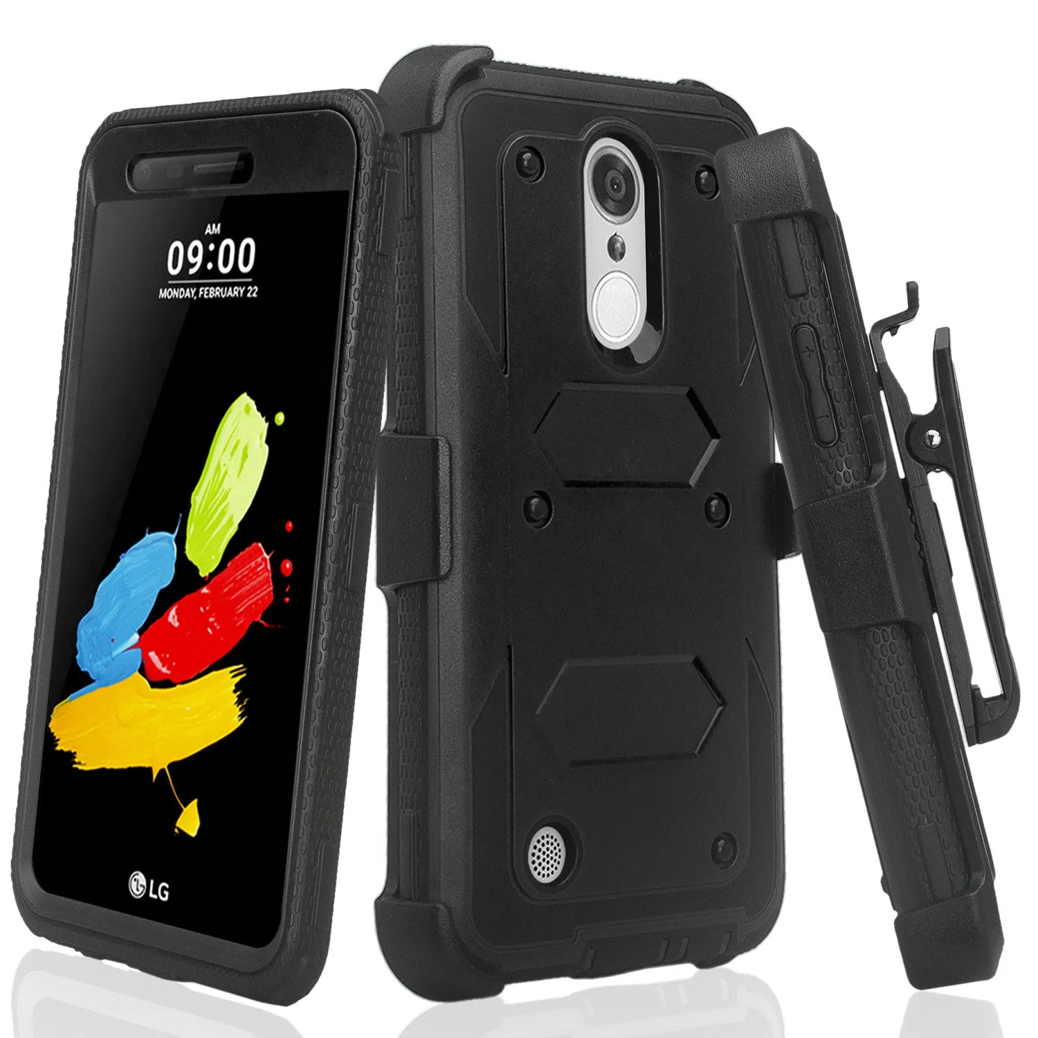 LG Aristo Case, K4 2017, K8 2017, Risio 2, Phoenix 3, Fortune, Triple Protection 3-1 w/ Built in Screen Protector Heavy Duty Holster Shell Combo Case - Black