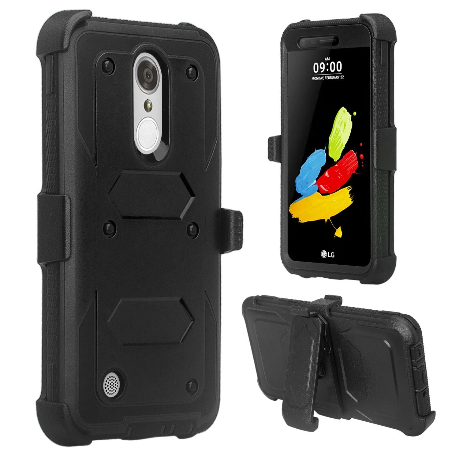 LG Aristo Case, K4 2017, K8 2017, Risio 2, Phoenix 3, Fortune, Triple Protection 3-1 w/ Built in Screen Protector Heavy Duty Holster Shell Combo Case - Black