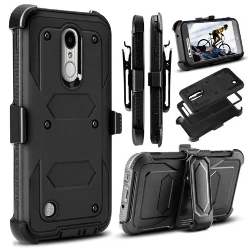 LG Aristo Case, K4 2017, K8 2017, Risio 2, Phoenix 3, Fortune, Triple Protection 3-1 w/ Built in Screen Protector Heavy Duty Holster Shell Combo Case - Black