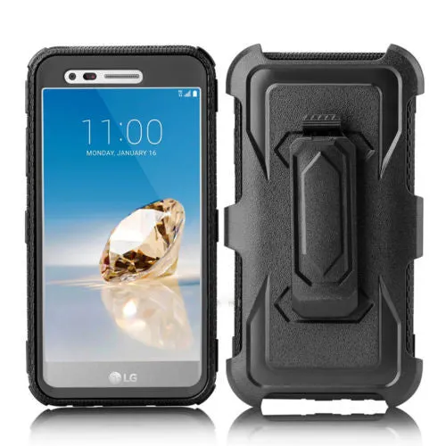 LG Aristo Case, K4 2017, K8 2017, Risio 2, Phoenix 3, Fortune, Triple Protection 3-1 w/ Built in Screen Protector Heavy Duty Holster Shell Combo Case - Black