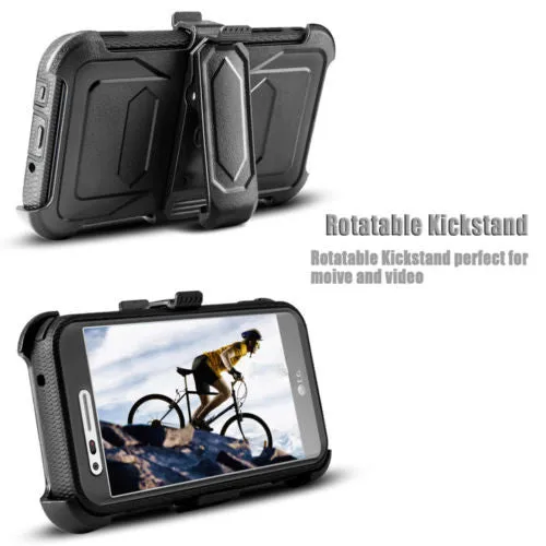 LG Aristo Case, K4 2017, K8 2017, Risio 2, Phoenix 3, Fortune, Triple Protection 3-1 w/ Built in Screen Protector Heavy Duty Holster Shell Combo Case - Black