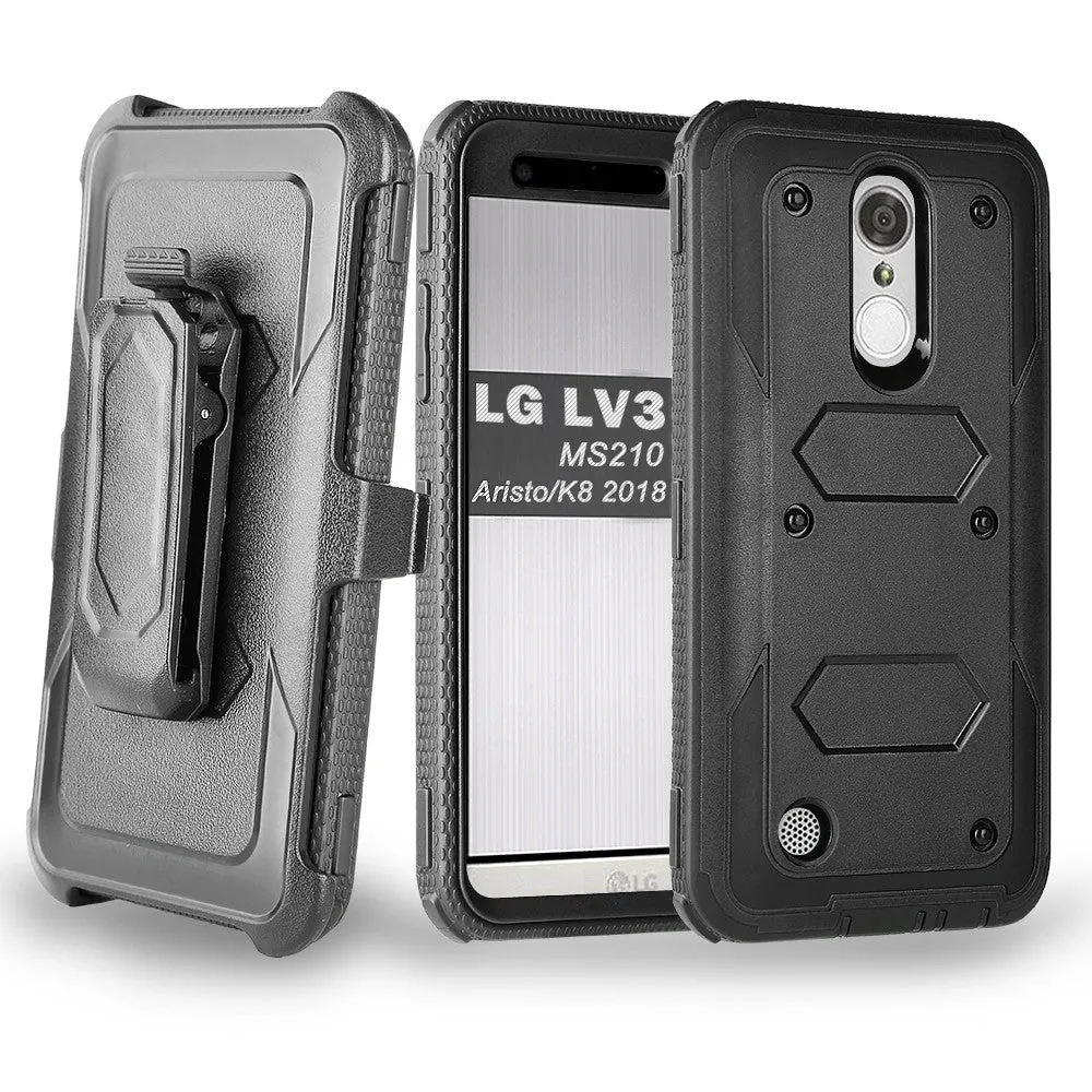 LG Aristo Case, K4 2017, K8 2017, Risio 2, Phoenix 3, Fortune, Triple Protection 3-1 w/ Built in Screen Protector Heavy Duty Holster Shell Combo Case - Black