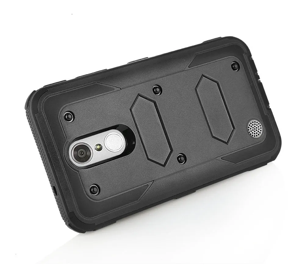LG Aristo Case, K4 2017, K8 2017, Risio 2, Phoenix 3, Fortune, Triple Protection 3-1 w/ Built in Screen Protector Heavy Duty Holster Shell Combo Case - Black
