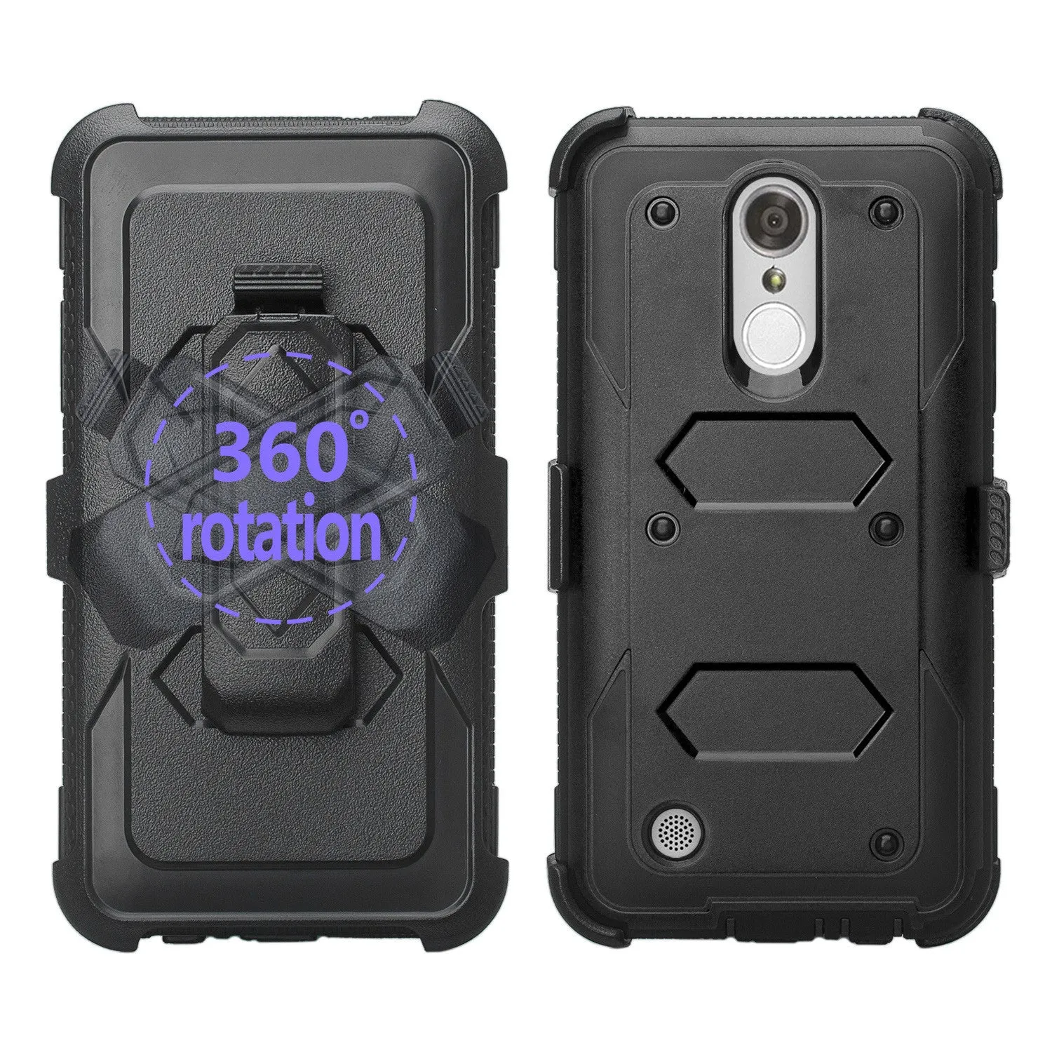 LG Aristo Case, K4 2017, K8 2017, Risio 2, Phoenix 3, Fortune, Triple Protection 3-1 w/ Built in Screen Protector Heavy Duty Holster Shell Combo Case - Black