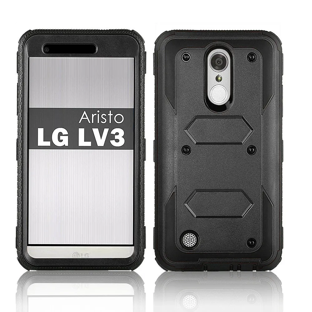 LG Aristo Case, K4 2017, K8 2017, Risio 2, Phoenix 3, Fortune, Triple Protection 3-1 w/ Built in Screen Protector Heavy Duty Holster Shell Combo Case - Black