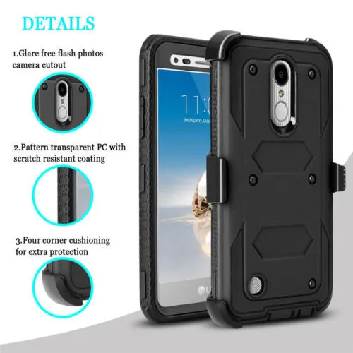 LG Aristo Case, K4 2017, K8 2017, Risio 2, Phoenix 3, Fortune, Triple Protection 3-1 w/ Built in Screen Protector Heavy Duty Holster Shell Combo Case - Black