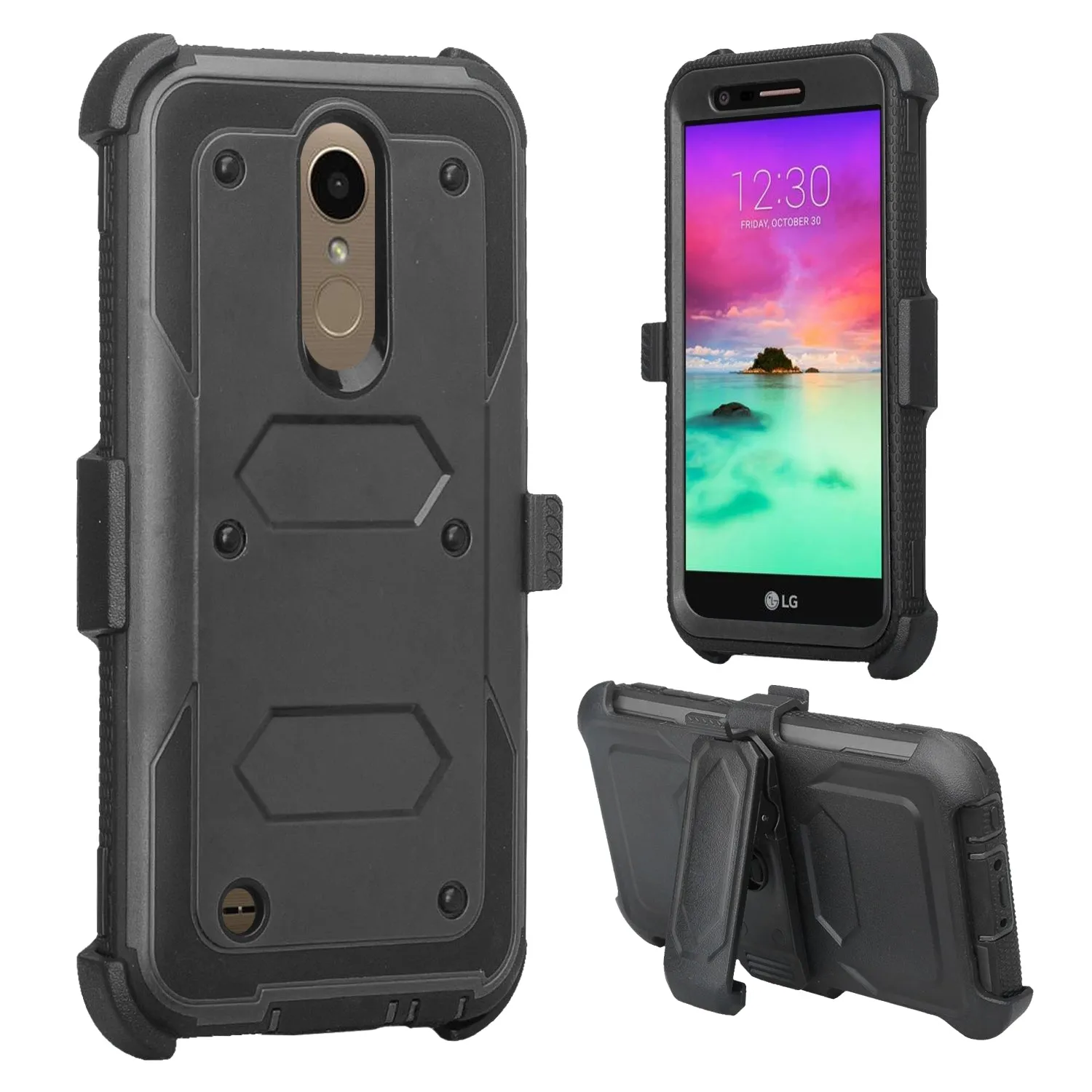LG K10 (2018) Case, K30, Premier Pro, K10 Plus, Phoenix Plus, Xpression Plus, K10α, X4 Plus, X410, MS245, Triple Protection 3-1 w/ Built in Screen Protector Heavy Duty Holster Shell Combo Case - Black