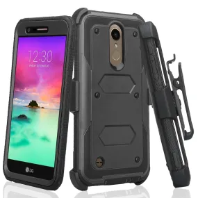 LG K10 (2018) Case, K30, Premier Pro, K10 Plus, Phoenix Plus, Xpression Plus, K10α, X4 Plus, X410, MS245, Triple Protection 3-1 w/ Built in Screen Protector Heavy Duty Holster Shell Combo Case - Black