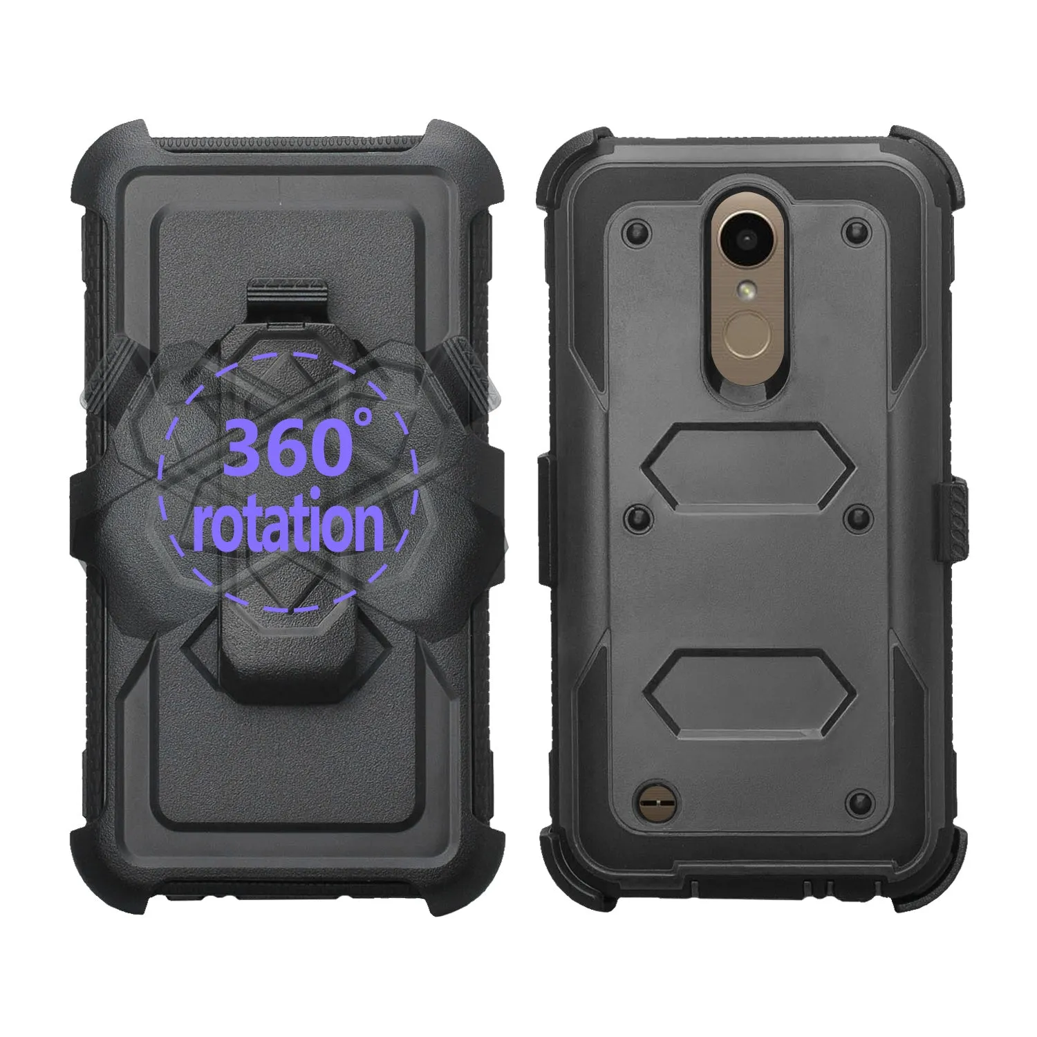 LG K10 (2018) Case, K30, Premier Pro, K10 Plus, Phoenix Plus, Xpression Plus, K10α, X4 Plus, X410, MS245, Triple Protection 3-1 w/ Built in Screen Protector Heavy Duty Holster Shell Combo Case - Black