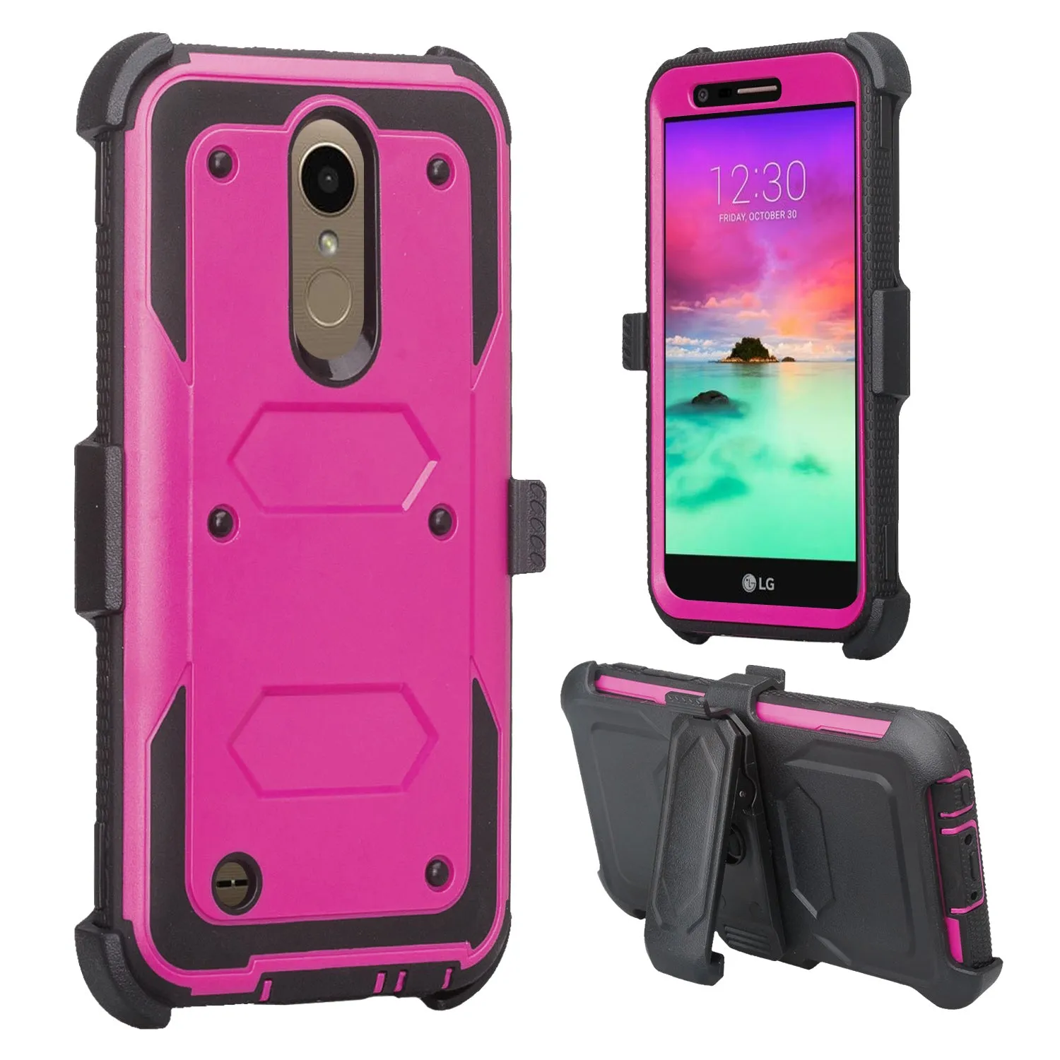 LG K10 (2018) Case, K30, Premier Pro, K10 Plus, Phoenix Plus, Xpression Plus, K10α, X4 Plus, X410, MS245, Triple Protection 3-1 w/ Built in Screen Protector Heavy Duty Holster Shell Combo Case - Purple