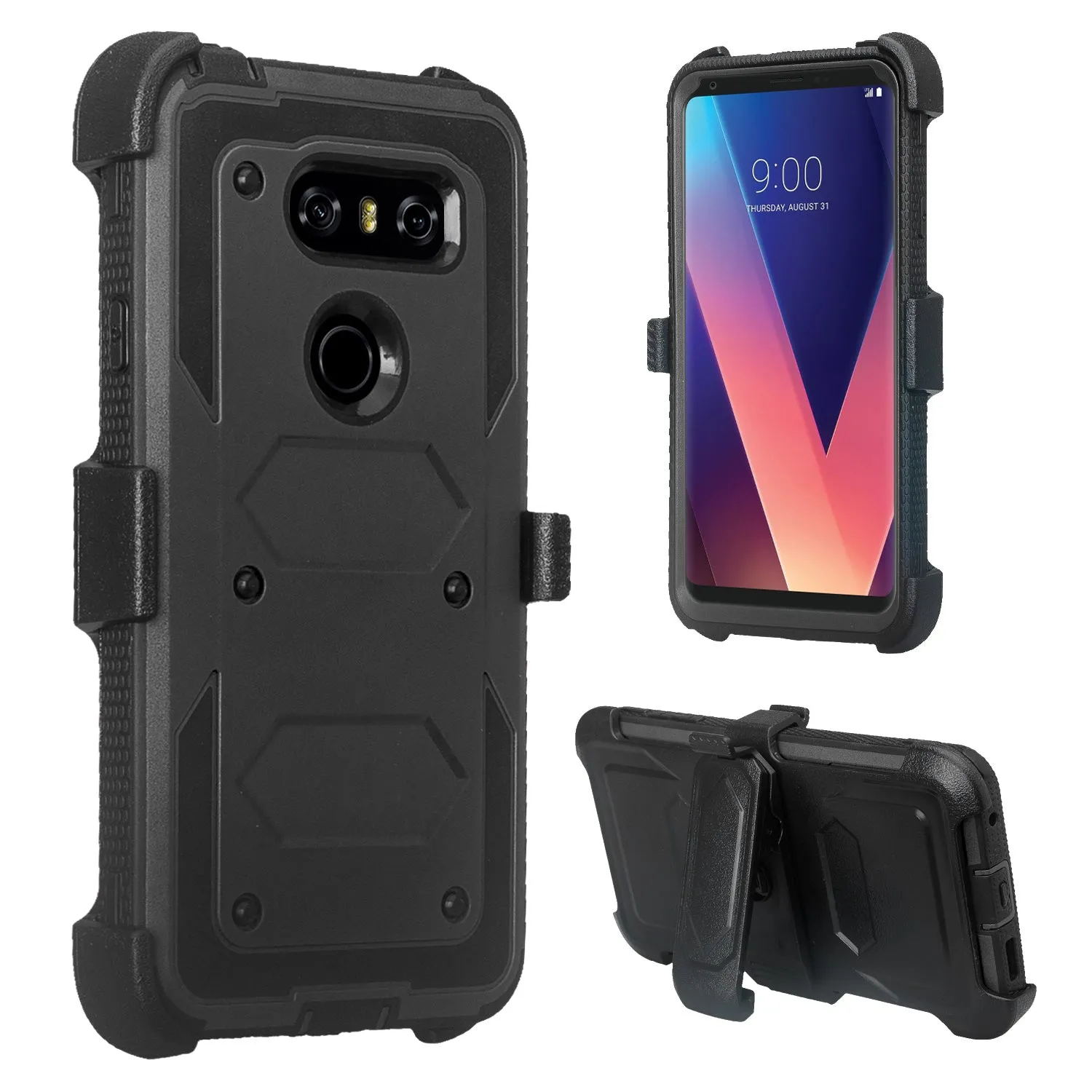 LG V30 Case, V30 Plus, Triple Protection [ Built in Screen Protector ] Heavy Duty Holster Shell Combo Clip Cover - Black