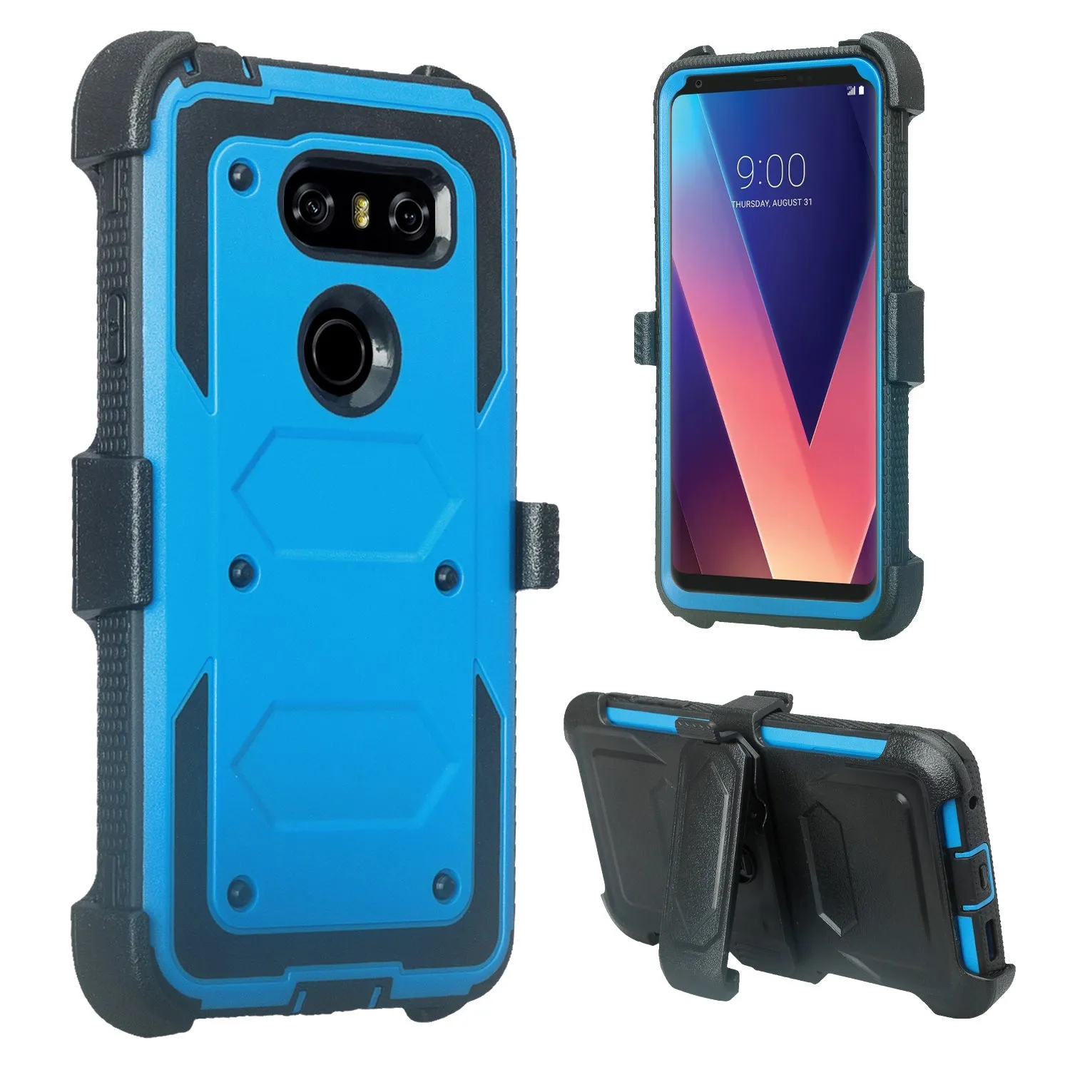 LG V30 Case, V30 Plus, Triple Protection [ Built in Screen Protector ] Heavy Duty Holster Shell Combo Clip Cover - Blue