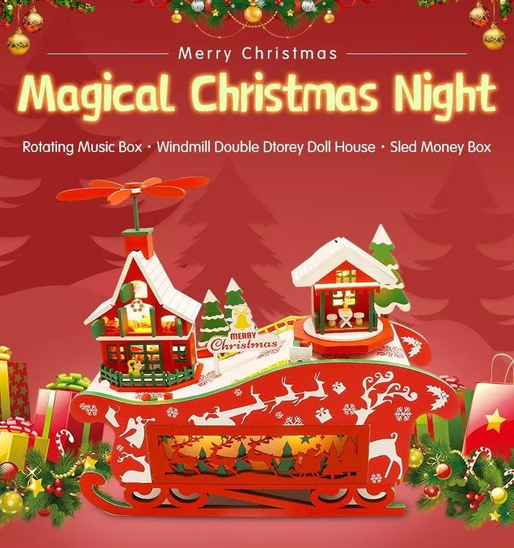 Merry Christmas DIY Dollhouse Kit Magical Christmas Night With Rotating Music Box - Sled Money Bank - Windmill Double Dtorey Dollhouse Gift