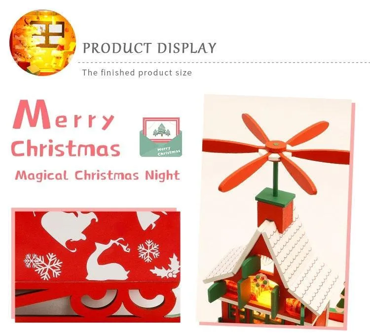 Merry Christmas DIY Dollhouse Kit Magical Christmas Night With Rotating Music Box - Sled Money Bank - Windmill Double Dtorey Dollhouse Gift