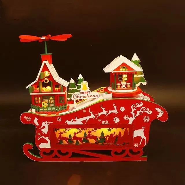 Merry Christmas DIY Dollhouse Kit Magical Christmas Night With Rotating Music Box - Sled Money Bank - Windmill Double Dtorey Dollhouse Gift