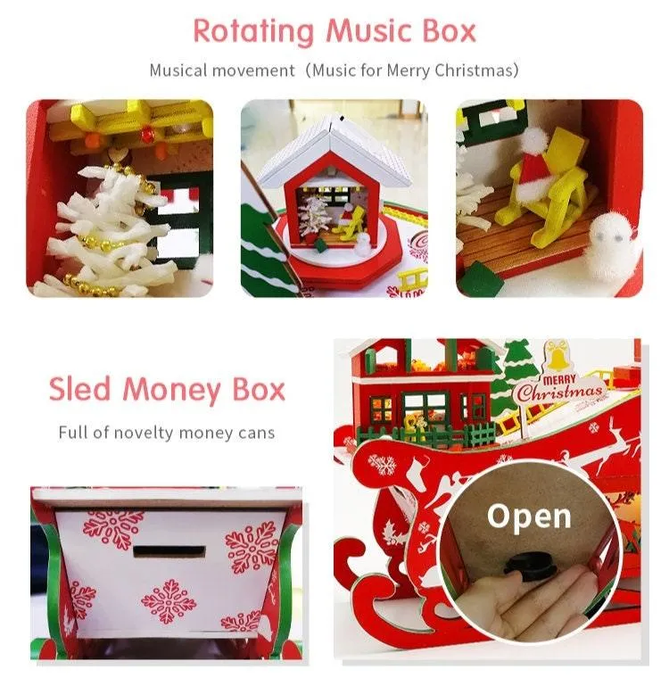 Merry Christmas DIY Dollhouse Kit Magical Christmas Night With Rotating Music Box - Sled Money Bank - Windmill Double Dtorey Dollhouse Gift