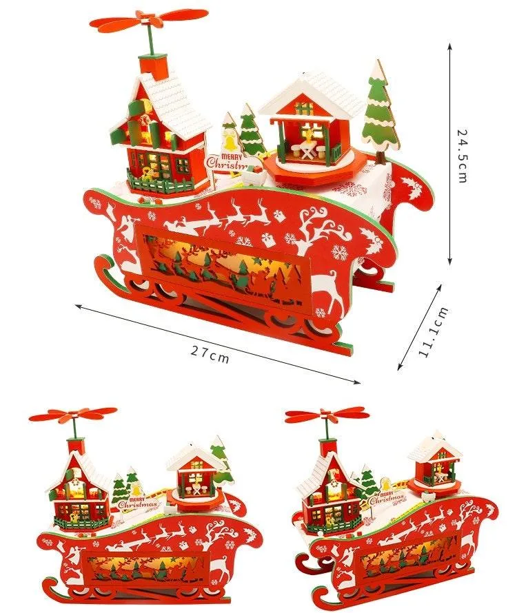 Merry Christmas DIY Dollhouse Kit Magical Christmas Night With Rotating Music Box - Sled Money Bank - Windmill Double Dtorey Dollhouse Gift