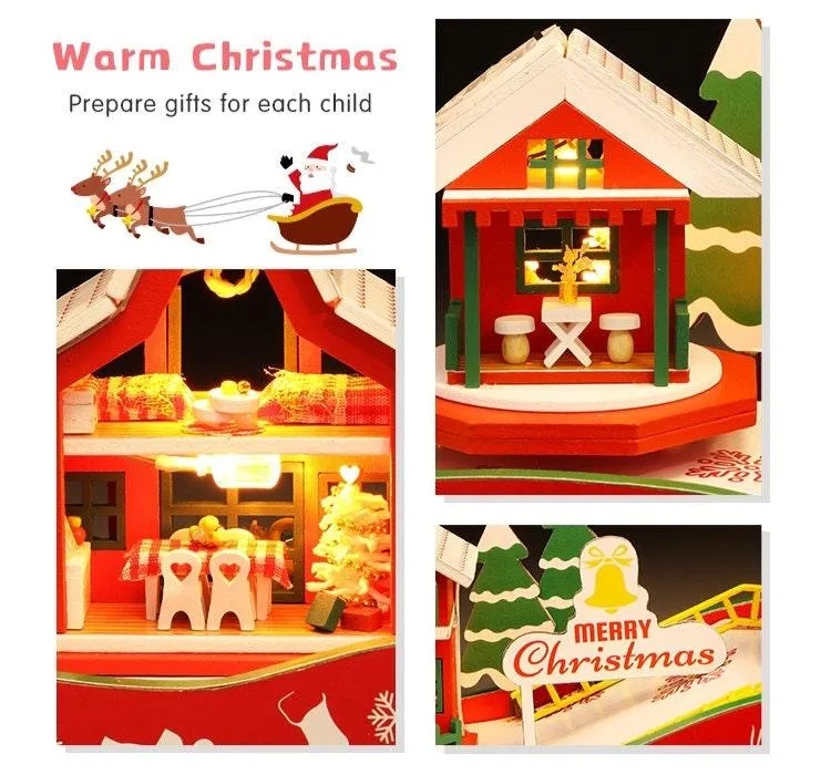 Merry Christmas DIY Dollhouse Kit Magical Christmas Night With Rotating Music Box - Sled Money Bank - Windmill Double Dtorey Dollhouse Gift
