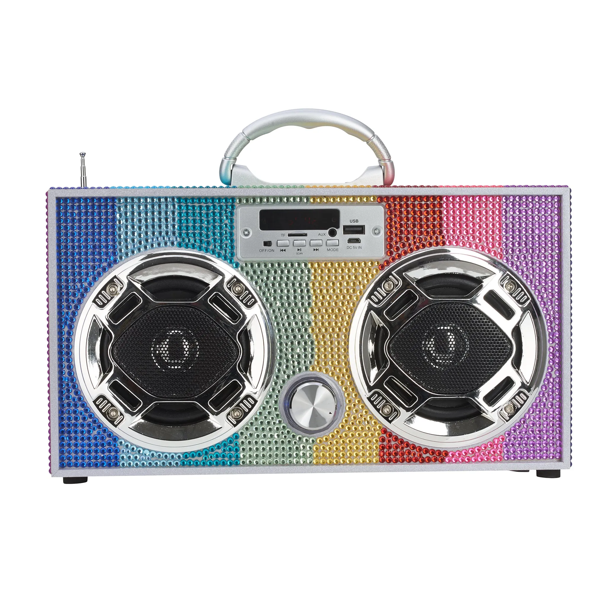 Mini Boombox in Rainbow Bling - Bluetooth Speaker w/ Enhanced FM Radio & LED