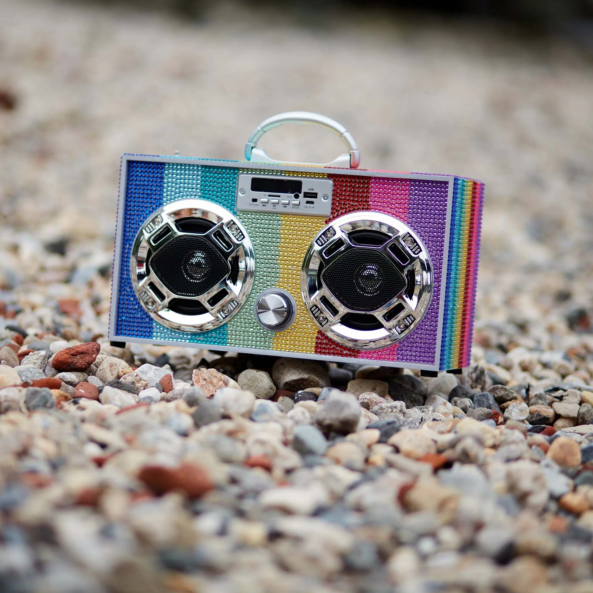Mini Boombox in Rainbow Bling - Bluetooth Speaker w/ Enhanced FM Radio & LED