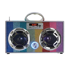 Mini Boombox in Rainbow Bling - Bluetooth Speaker w/ Enhanced FM Radio & LED