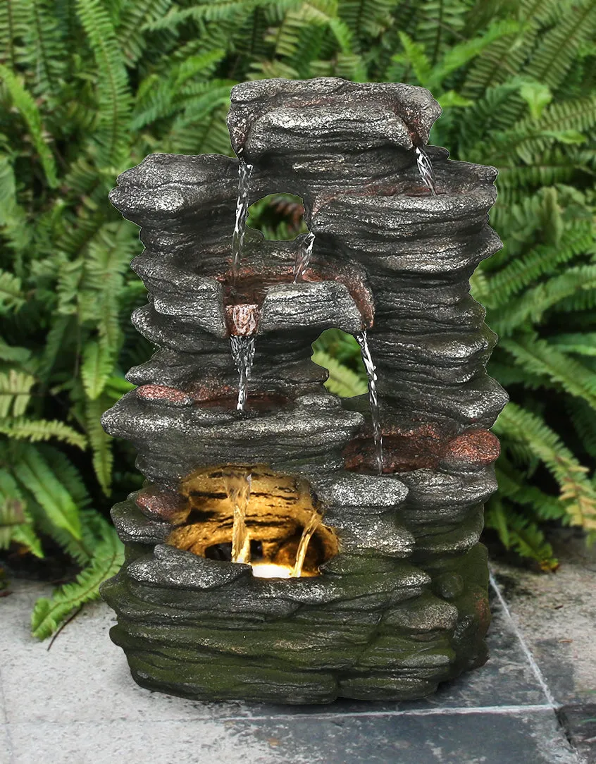 Multi-Level Stone Fountain With Lights
