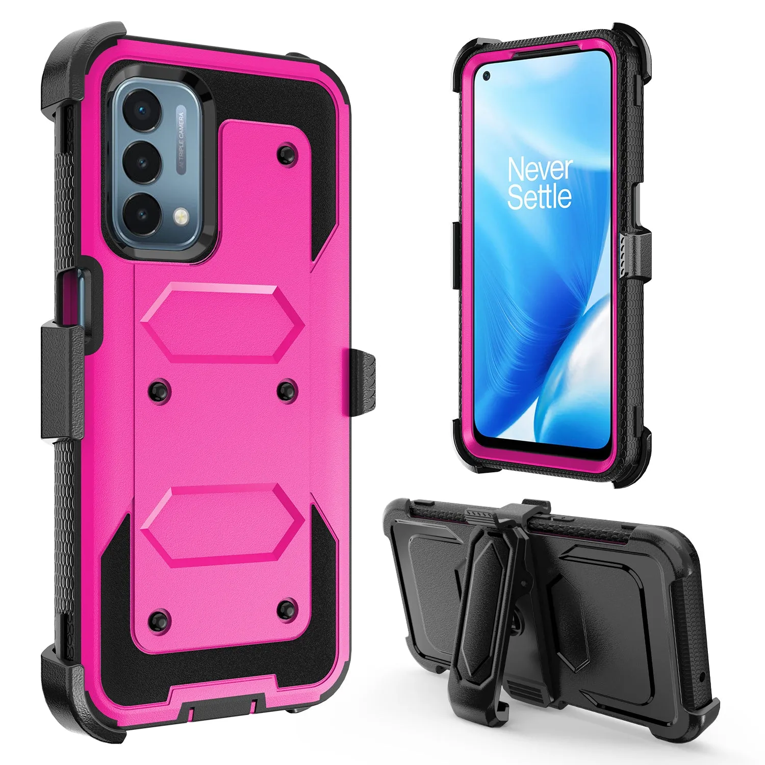 OnePlus Nord N200 5G Case, Nord N200 5G Case, Triple Protection 3-1 w/ Built in Screen Protector Heavy Duty Holster Shell Combo Clip Cover - Hot Pink