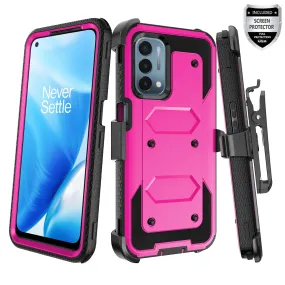 OnePlus Nord N200 5G Case, Nord N200 5G Case, Triple Protection 3-1 w/ Built in Screen Protector Heavy Duty Holster Shell Combo Clip Cover - Hot Pink