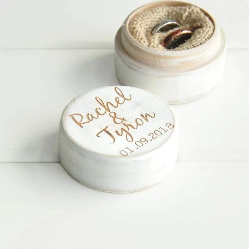Personalized Rustic Wedding Wood Ring Box Holder Custom Your Names White Wedding Ring Bearer Box