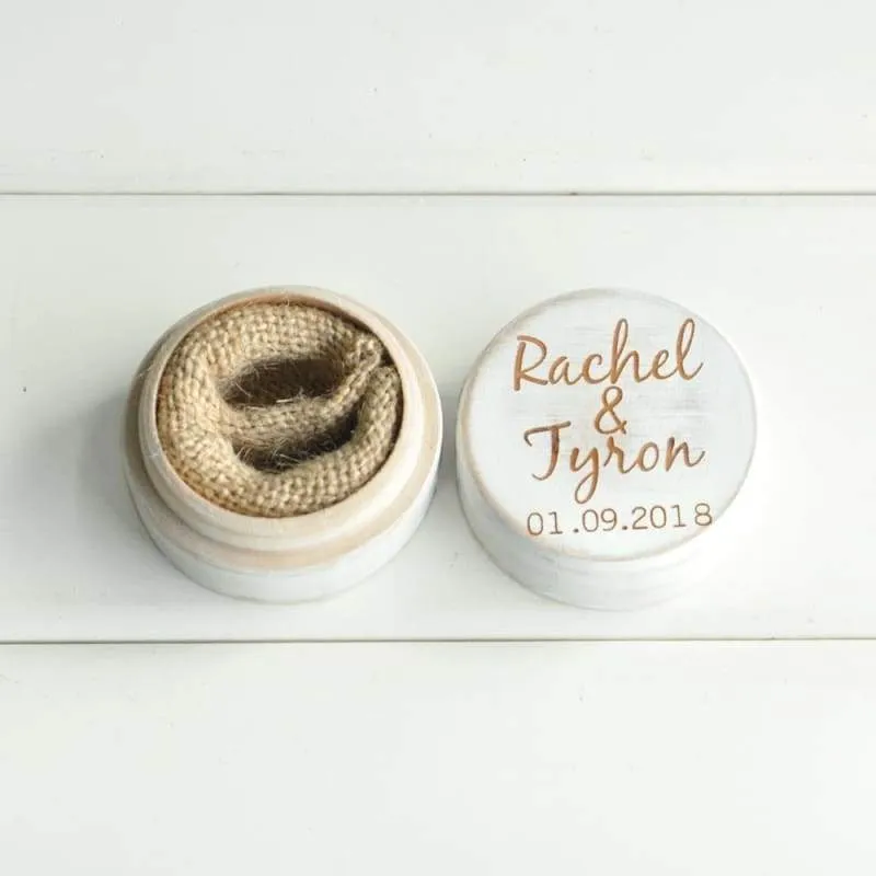 Personalized Rustic Wedding Wood Ring Box Holder Custom Your Names White Wedding Ring Bearer Box