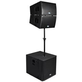 Powered 18 Inch Line Array Subwoofer, Two Powered 12 Inch Line Array Speakers and Mounting Pole