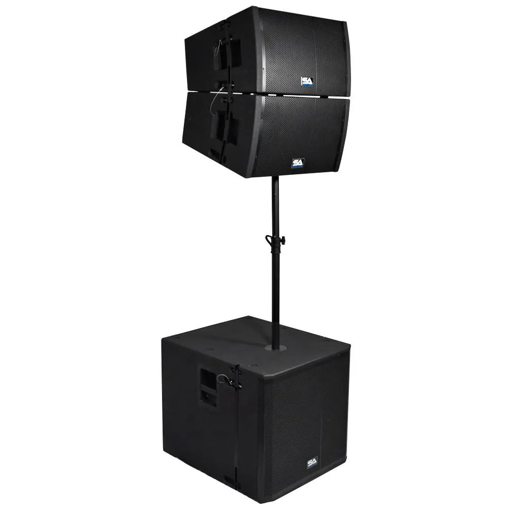 Powered 18 Inch Line Array Subwoofer, Two Powered 12 Inch Line Array Speakers and Mounting Pole