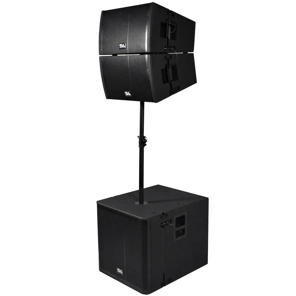 Powered 18 Inch Line Array Subwoofer, Two Powered 12 Inch Line Array Speakers and Mounting Pole