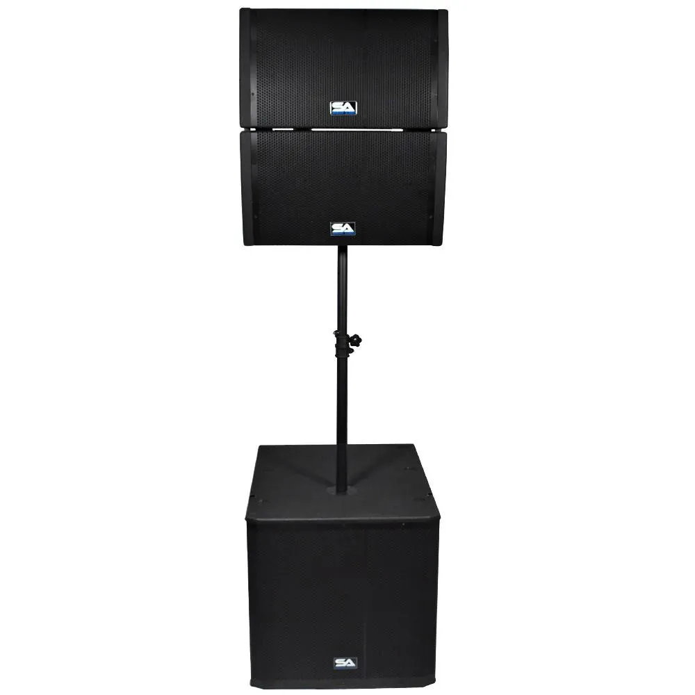 Powered 18 Inch Line Array Subwoofer, Two Powered 12 Inch Line Array Speakers and Mounting Pole